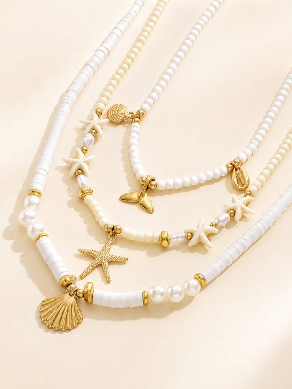 ✨ Coastal Layered Necklace Set Starfish Shell Pearl Gold White